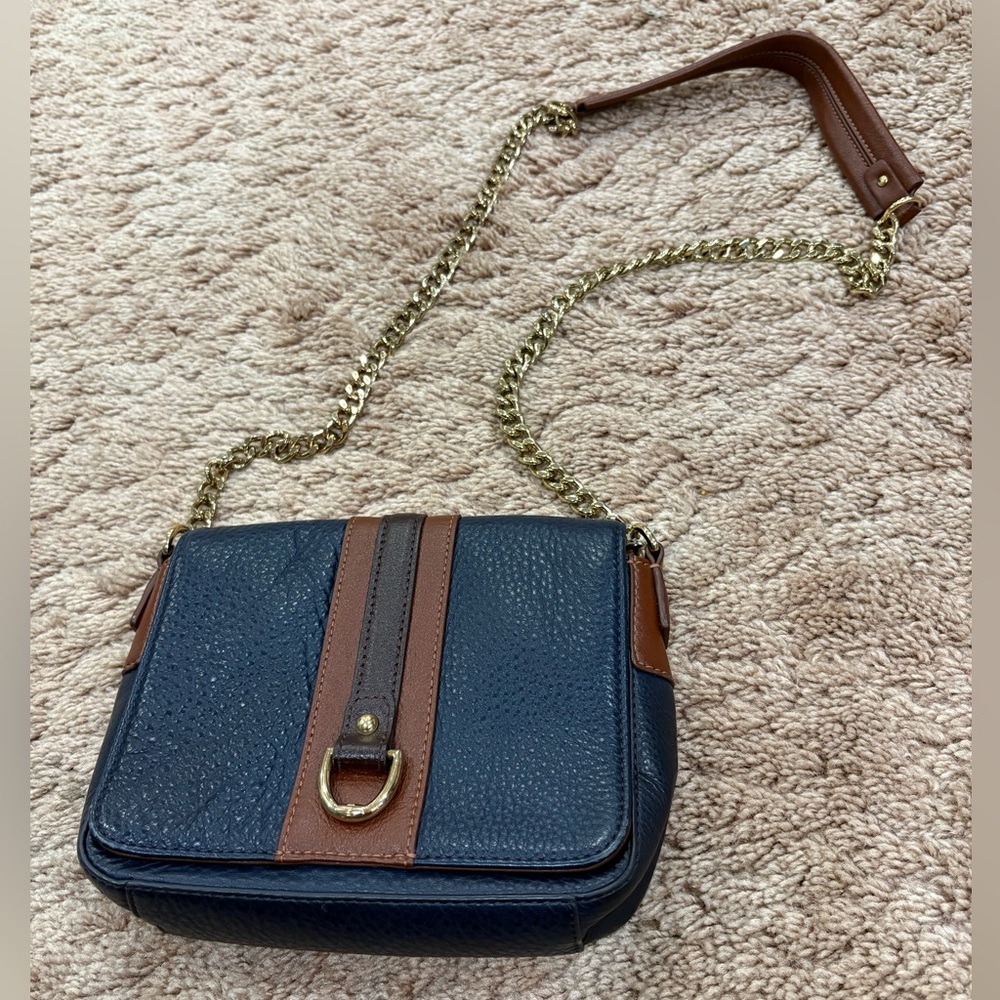 Talbots Navy Pebbled Leather Crossbody Chain Strap Magnetic Flap 8 x 6 Preppy